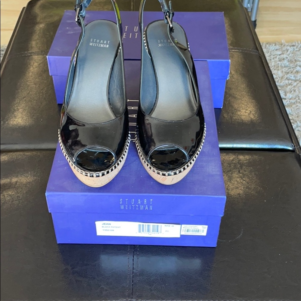 Stuart Weitzman black patent leather wedge sandal